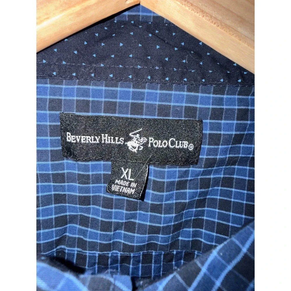 Beverly Hills Polo Club Mens XL Plaid‎ Short Sleeve Button Down Shirt Blue